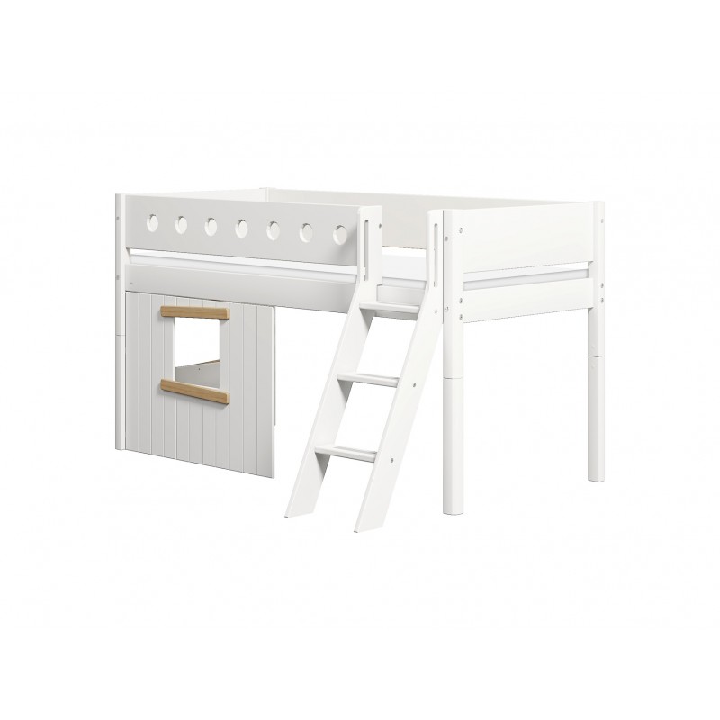 Flexa MDF Bett 90x200 halbhoch Leiter schräg Hausfront Weiss-Eiche