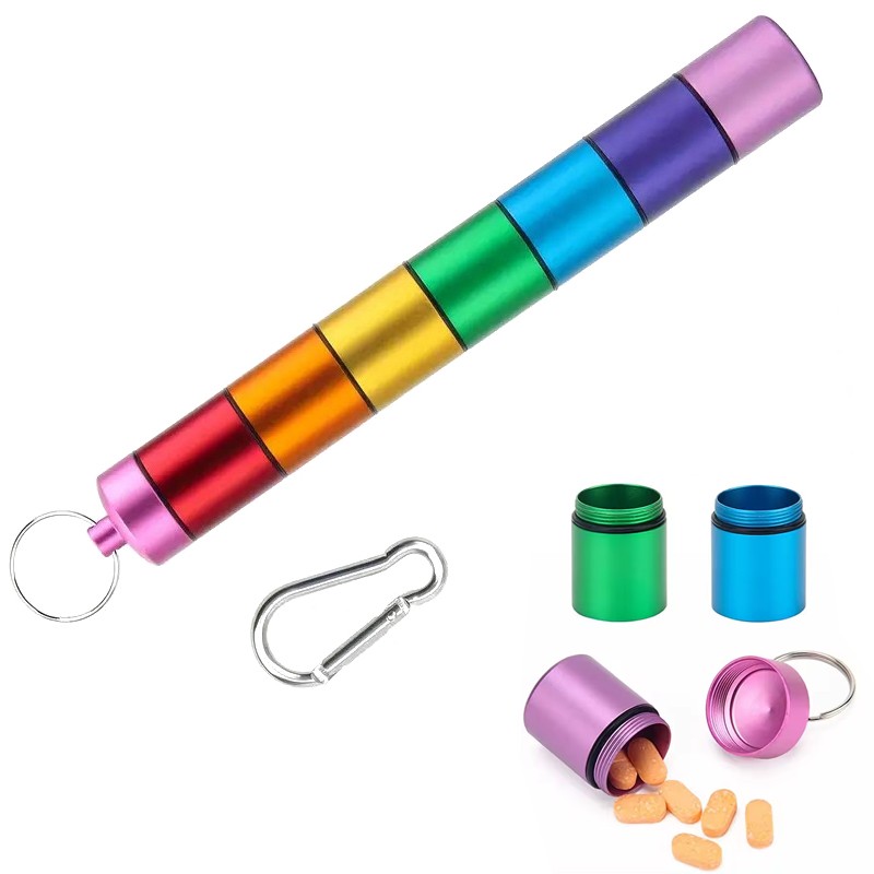 Tragbare 7 Tage Pillendose mit Schlüsselanhänger und Karabiner Rainbow