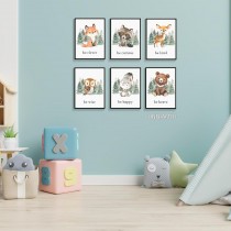6 Stück niedliche Waldtiere, Poster auf Leinwand ungerahmt