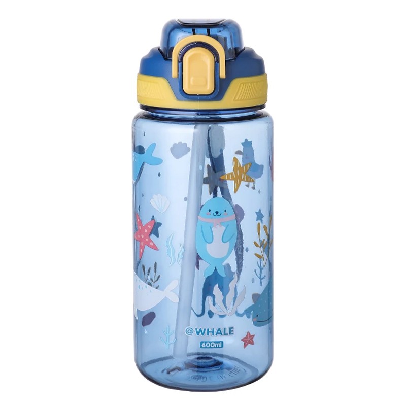Kinder Trinkflasche, Wasserflasche mit Strohhalm Whale Blau