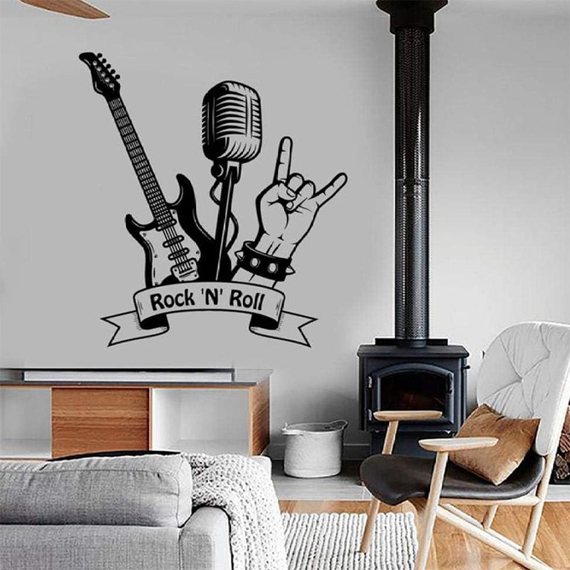 Rock N Roll Wand Tattoo, Wall Picture Music Rock Guitar Microphone Sticker 57x62cm