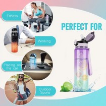 Transparente Trinkflasche mit Zeitmarkierung, Strohhalm und Reinigungsbürste mit Farbverlauf 1000 ml Lila Grün