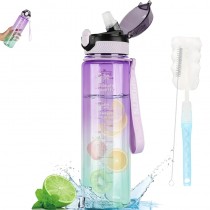 Transparente Trinkflasche mit Zeitmarkierung, Strohhalm und Reinigungsbürste mit Farbverlauf 1000 ml Lila Grün