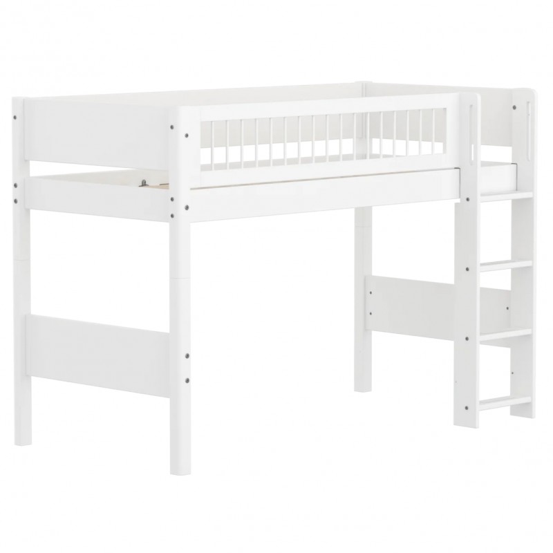 Flexa WHITE mittelhohes Bett mit Sprossen und gerader Leiter, 90x200 cm, Weiss