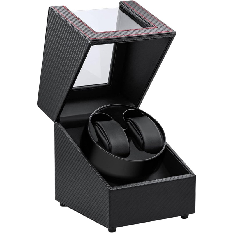 Uhrenbeweger für 2 Uhren, Watchwinder Karbonfaser mit roten Nähten