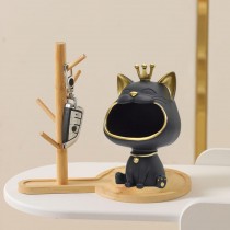 Glückskatze mit Holz Aufbewahrungstablett, Schlüsselhalter-Statue Schwarz