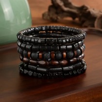 Elastisches Perlen Armband Set Lavastein und Vintage-Holzperlen