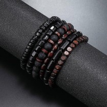 Elastisches Perlen Armband Set Lavastein und Vintage-Holzperlen