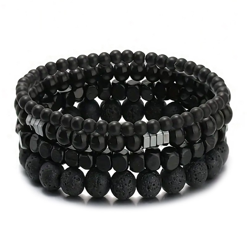 Elastisches schwarzes Perlenarmband-Set, eleganter Boho-Stil Lavastein