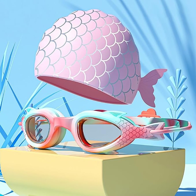 Kinder-Badekappe mit Schwimmbrillen Fischschuppen Rosa