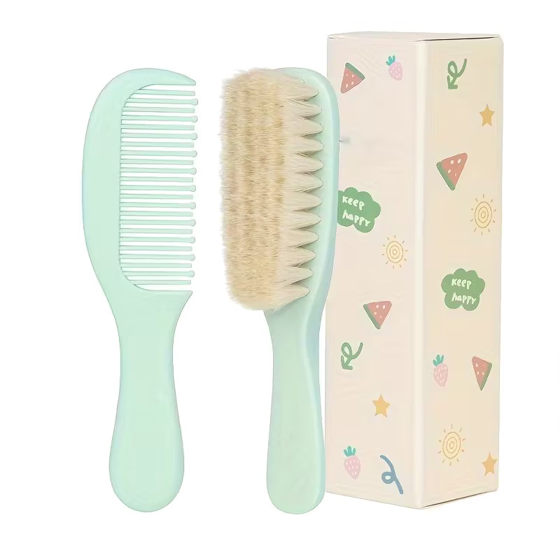 Kamm und Bürste mit Naturborsten für das Baby Blau