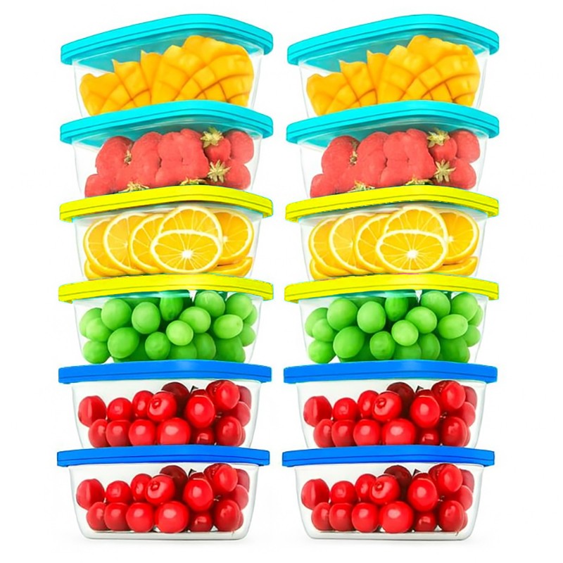 12-teiliges Set Lebensmittelbehälter transparent mit bunten Deckeln