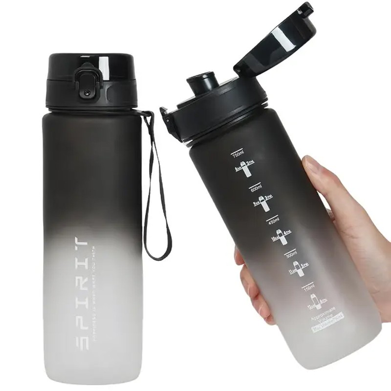Trinkflasche Spirit mit Zeitmarkierungen & Trageschlaufe 750ML Schwarz Grau