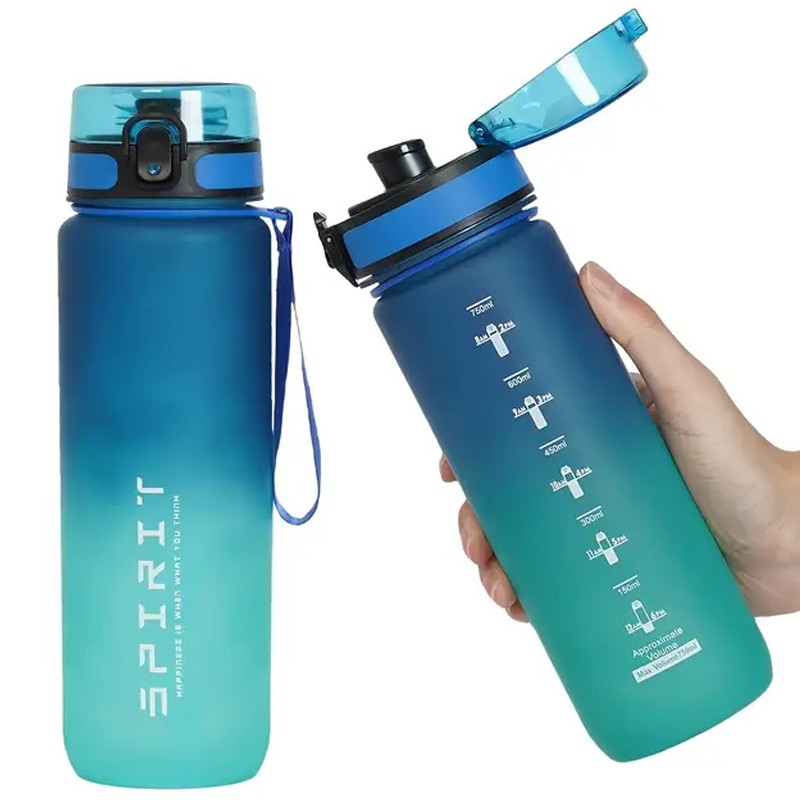 Trinkflasche Spirit mit Zeitmarkierungen & Trageschlaufe 750ML Blau Grün