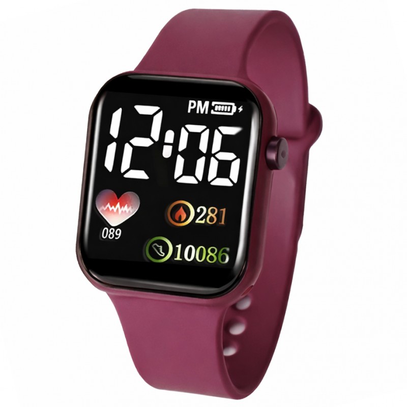 LED-Digitaluhr Vita mit Silikonarmband Weinrot