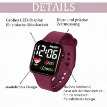 LED-Digitaluhr Vita mit Silikonarmband Weinrot