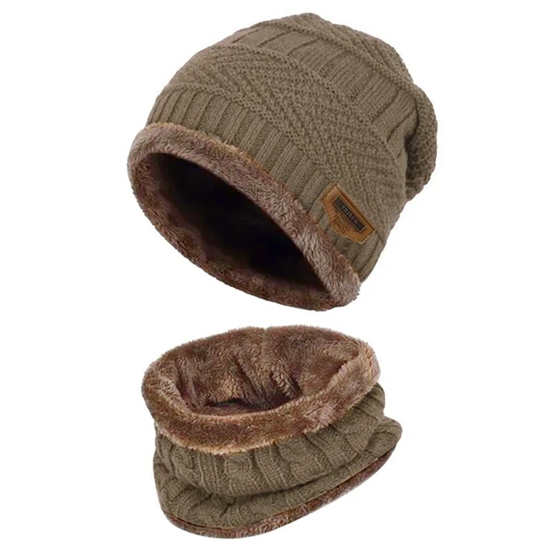Warme Kinder Beanie Mütze mit Schlauchschal Khaki
