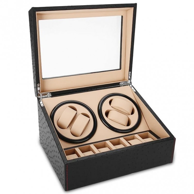 Uhrenbeweger für 4+6 Uhren, Watchwinder Kamelmuster mit roten Nähten