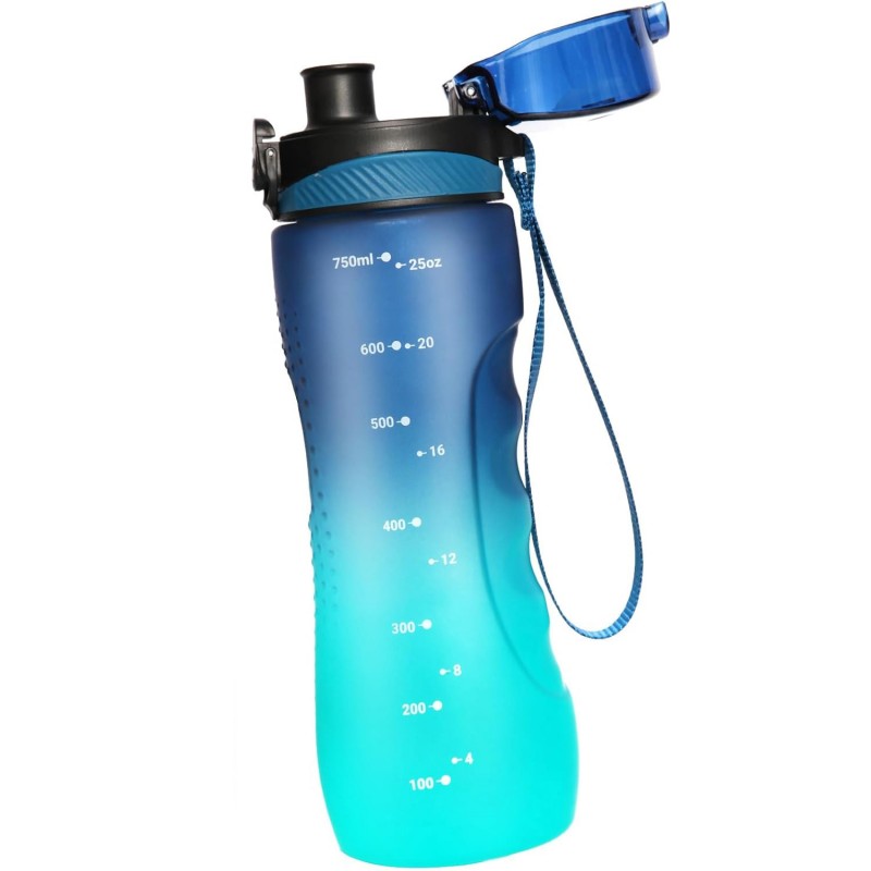 750ml Sport Trinkflasche Pop-Top – Wasserflasche mit Zeitmarkierung und Farbverlauf Blau, Grün