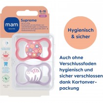 Mam Supreme Silikon Schnuller, 2 Stück, 6-16 Monate Blumen Katze