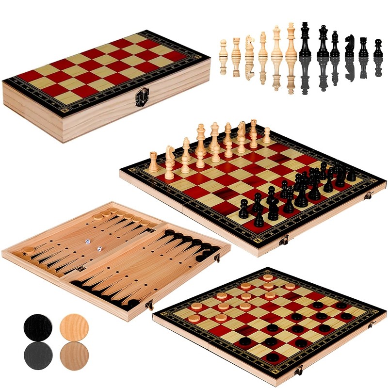 3-in-1 Holz-Schach-Set mit Backgammon & Checkers – Limited Edition
