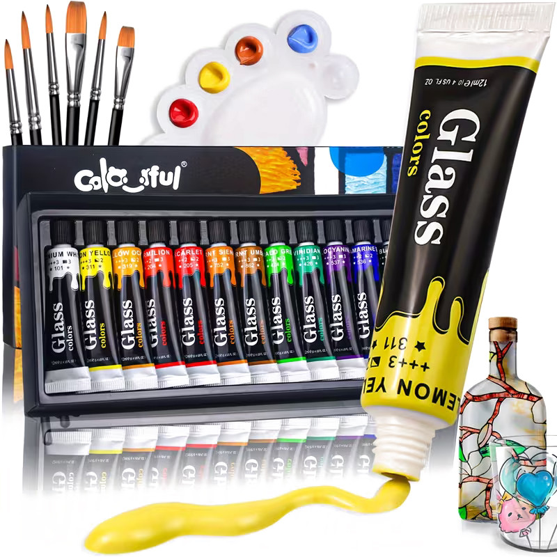 12 Glasfarben mit 6 Pinseln und Palette