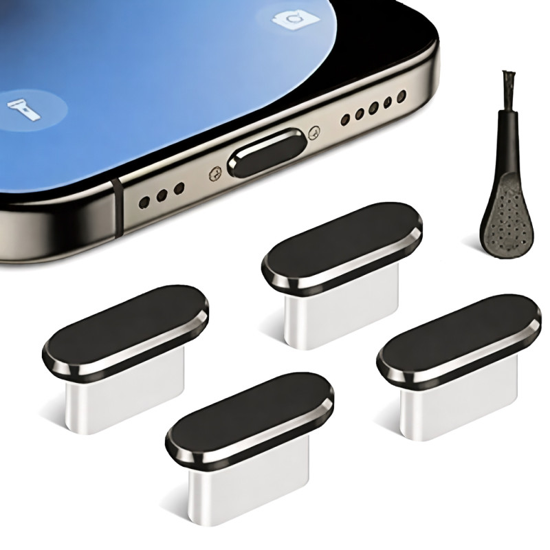 4er-Set USB-C Ladeanschlussabdeckung mit Reinigungsbürste schwarz