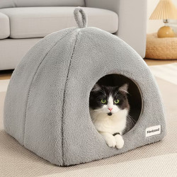 Katzenhöhle aus Plüsch mit Kissen 40×40×40 cm – Kuscheliges Katzenbett Grau