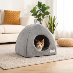 Katzenhöhle aus Plüsch mit Kissen 40×40×40 cm – Kuscheliges Katzenbett Grau