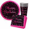 32-teiliges Party-Set Happy Birthday Pink-Schwarz – Teller, Becher & Servietten