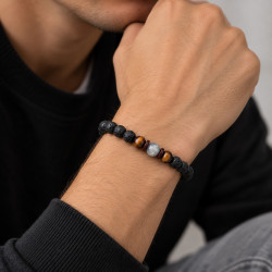 Perlenarmband mit Mondstein- und Tigeraugenoptik – 8 mm, Schwarz/Braun