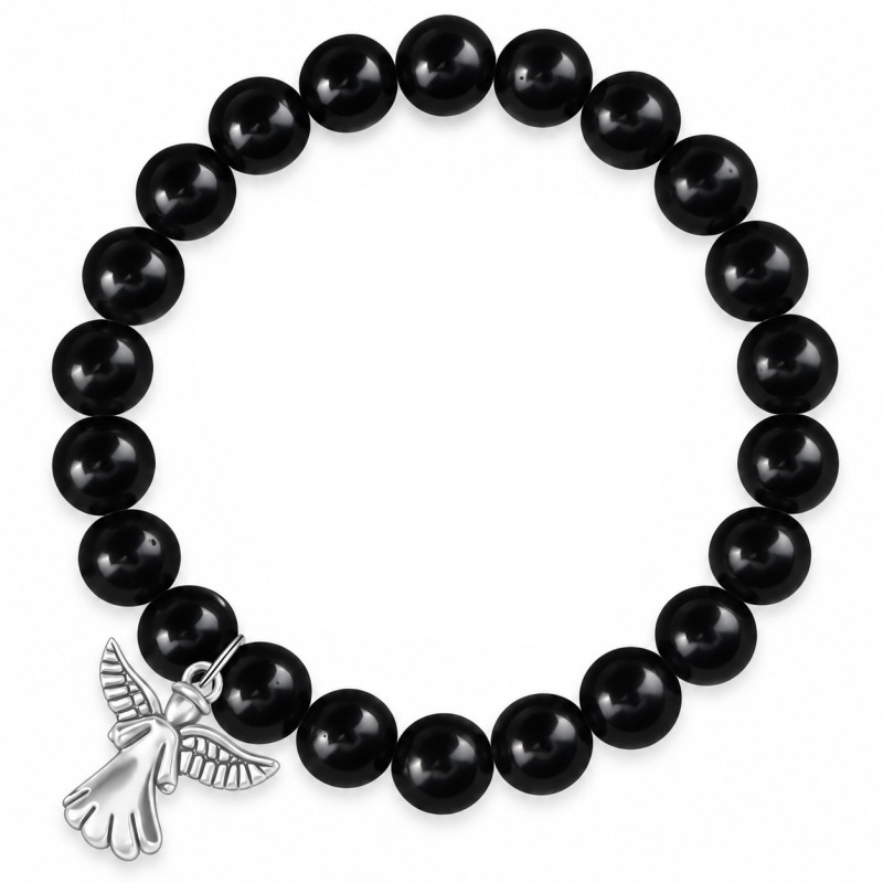 Perlenarmband Schutzengel Schwarz – elastisch mit Engelanhänger
