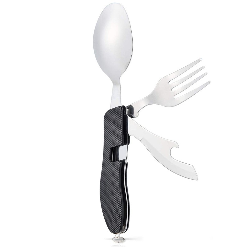 Multifunktionales 4 in 1 Outdoor-Geschirr - Gabel, Löffel, Messer, Flaschenöffner Schwarz