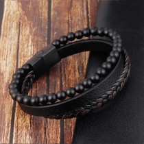 Lederarmband Edelstahl Magnetschnalle Armband Herren Naturstein Perlen 22cm