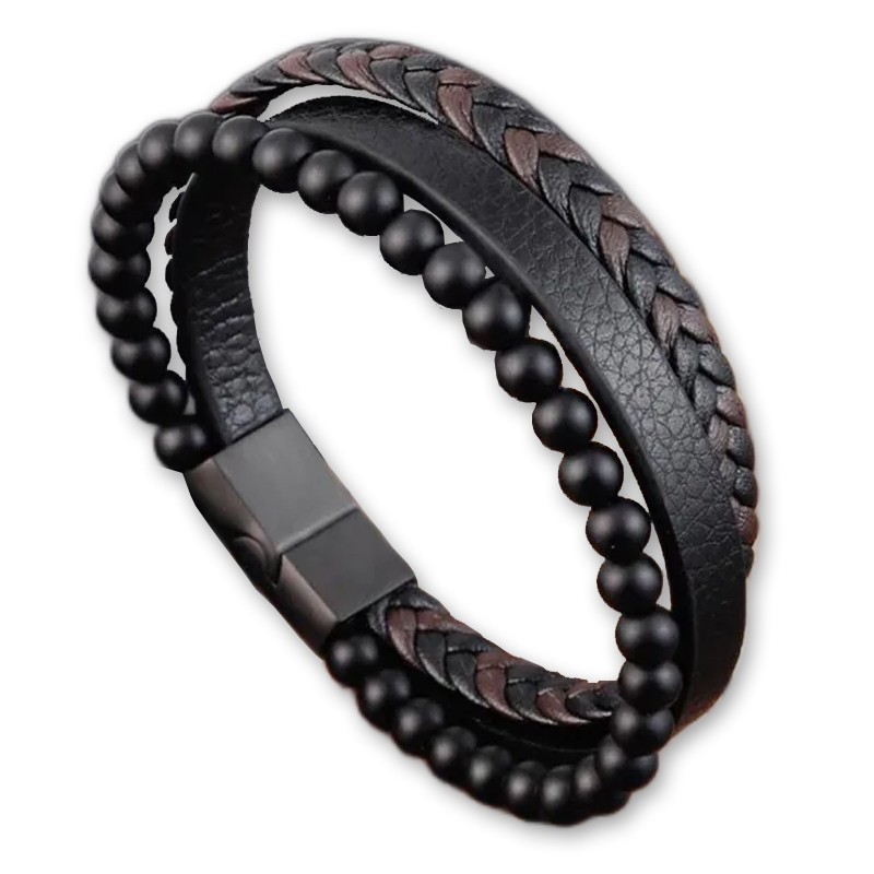 Lederarmband Edelstahl Magnetschnalle Armband Herren Naturstein Perlen 22cm